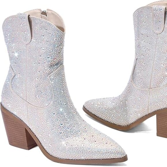 SPARKLING Western Rhinestone Cowboy Boots Block Heel Pointed Toe 10.5 - Picture 12 of 16